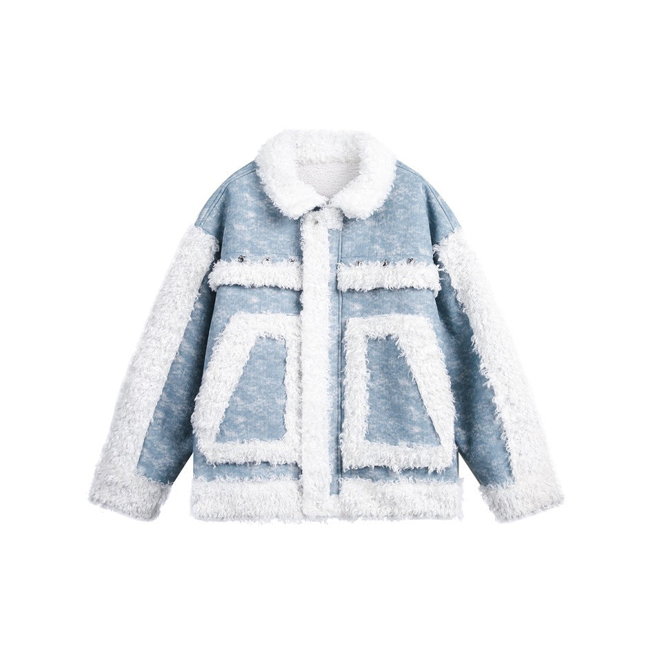 Light blue jacket with white fleece-like pile trim on collar, placket, pockets, sleeves and hem, flat front view