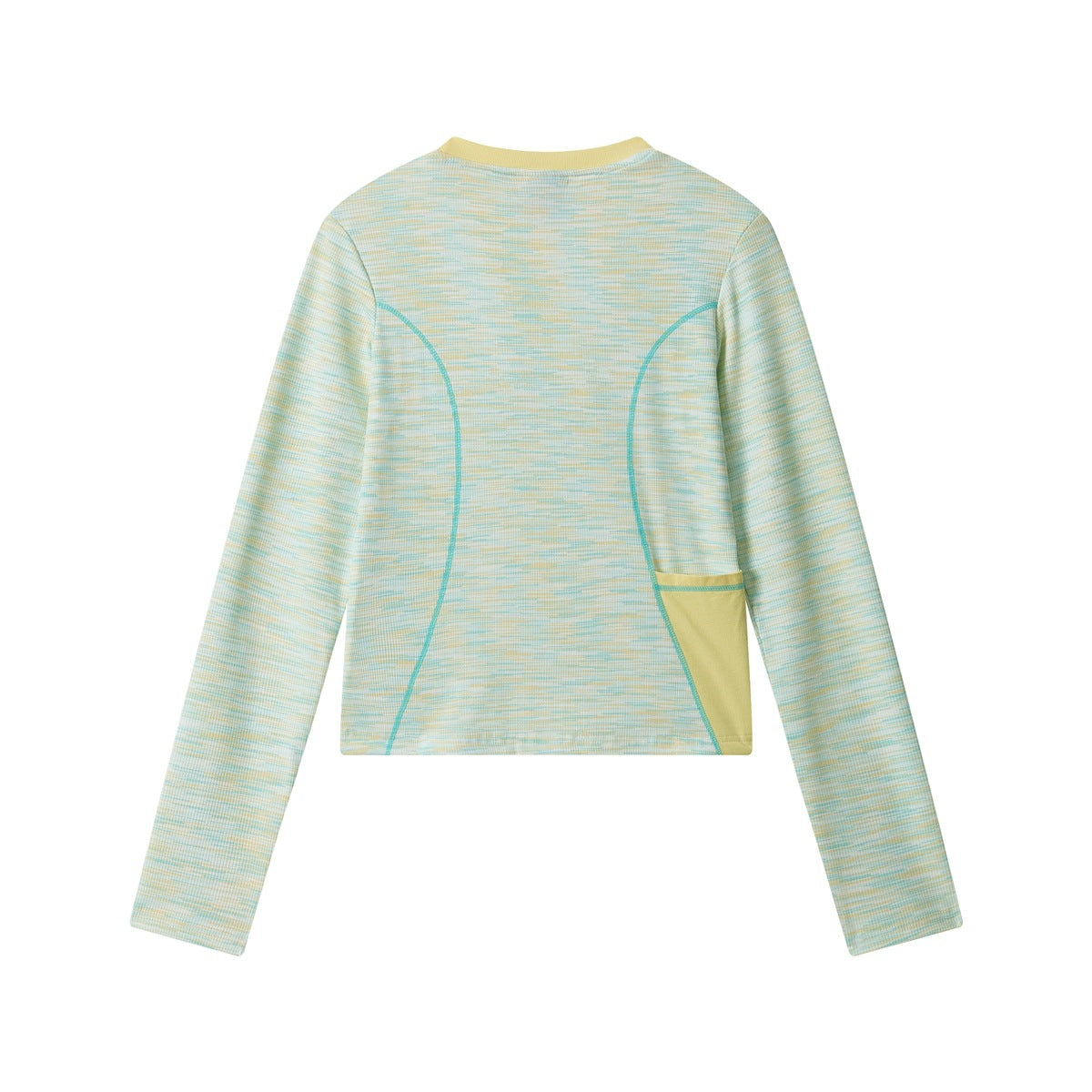 Back view of a mint-and-yellow patterned long-sleeve top with yellow trim, curved seams, and a yellow side pocket.