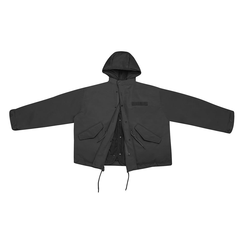 Black hooded jacket laid flat, open at the front, with flap pockets, drawstrings and quilted-looking inner layer