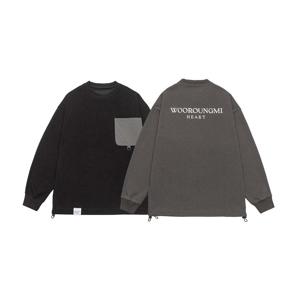 Black and taupe crewneck sweatshirts shown front and back; each has a contrasting pocket or white back lettering.