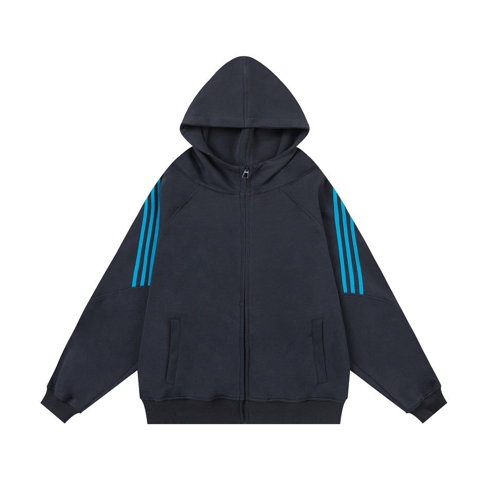 Dark gray zip-front hoodie with three blue stripes on each sleeve, ribbed cuffs and hem, and front slant pockets