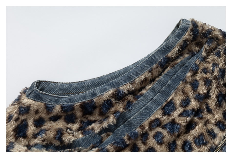Close-up of the jacket's denim collar and tan-and-navy spotted plush front.