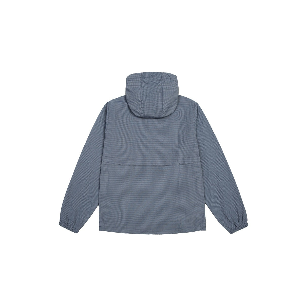 Back view of a slate blue-gray hooded jacket with long sleeves and elastic cuffs, shown against white.