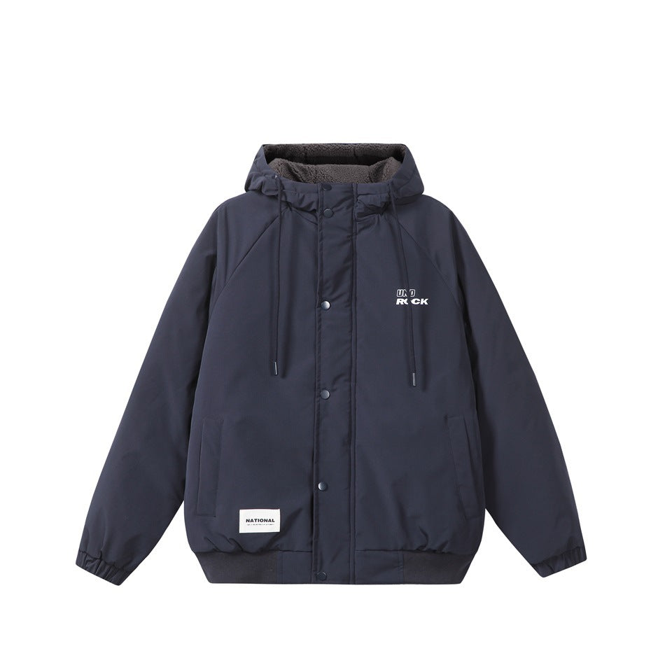 Navy hooded jacket flat front view with gray fleece-like hood lining, snap placket and drawstrings