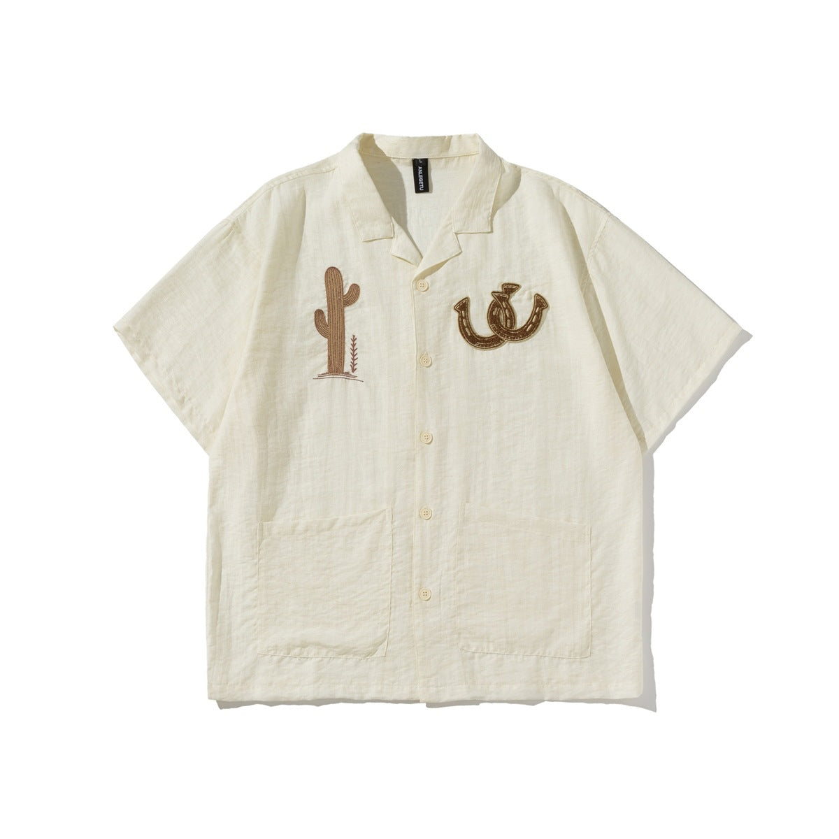 Beige short-sleeve camp-collar shirt with brown cactus embroidery, horseshoe patch and two front patch pockets