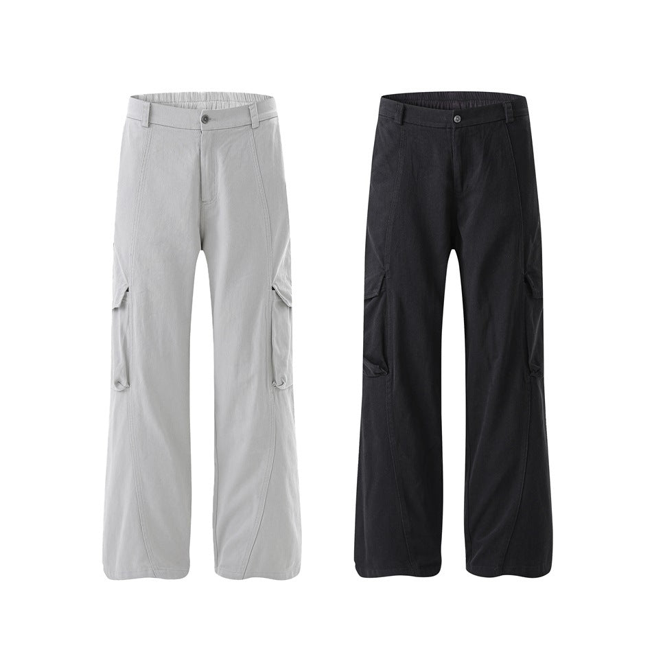 Front views of wide-leg cargo trousers in light gray and black, shown side by side.
