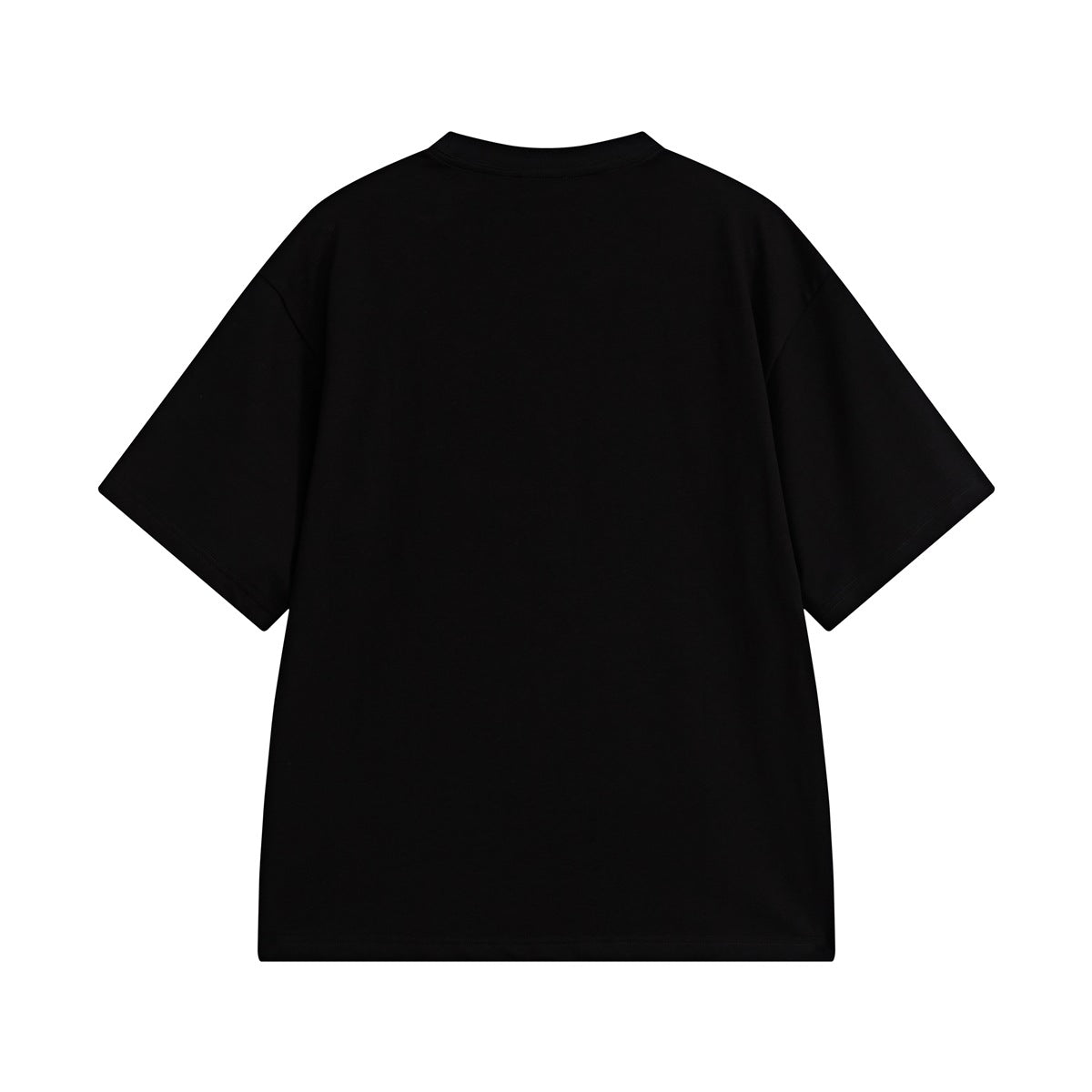 Back view of a plain black oversized short-sleeve T-shirt on a white background.