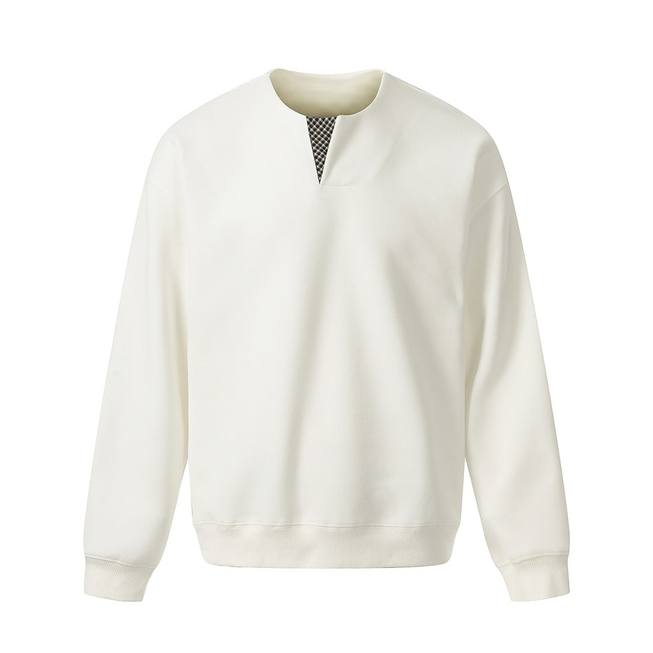 White pullover sweatshirt flat lay with notched round neck, checked insert, ribbed cuffs and hem
