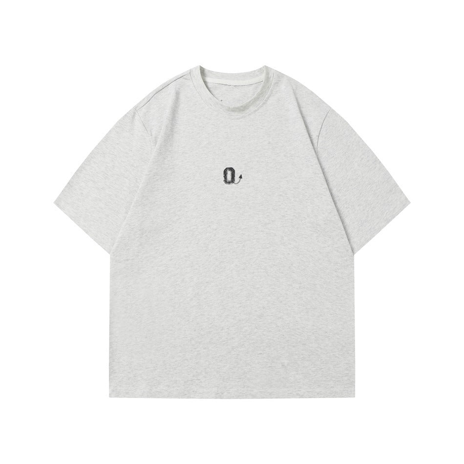 Heather gray crew-neck short-sleeve T-shirt with a small dark stylized Q graphic at center chest, flat front view