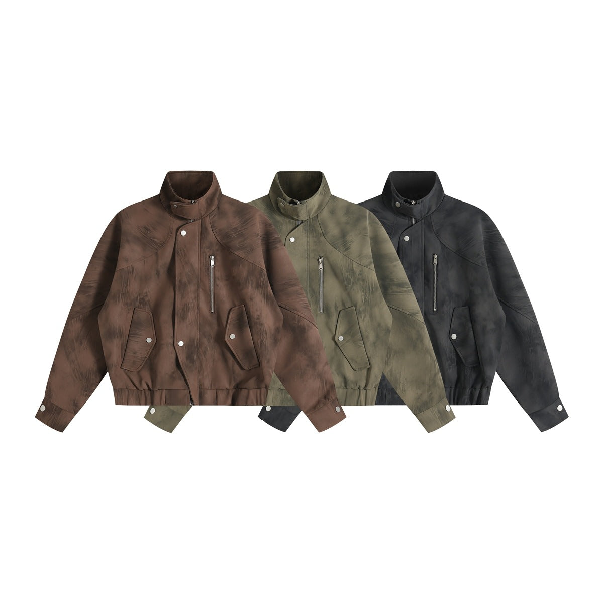 Three front views of a high-collar jacket with snap details and zippered pockets in brown, olive, and black.