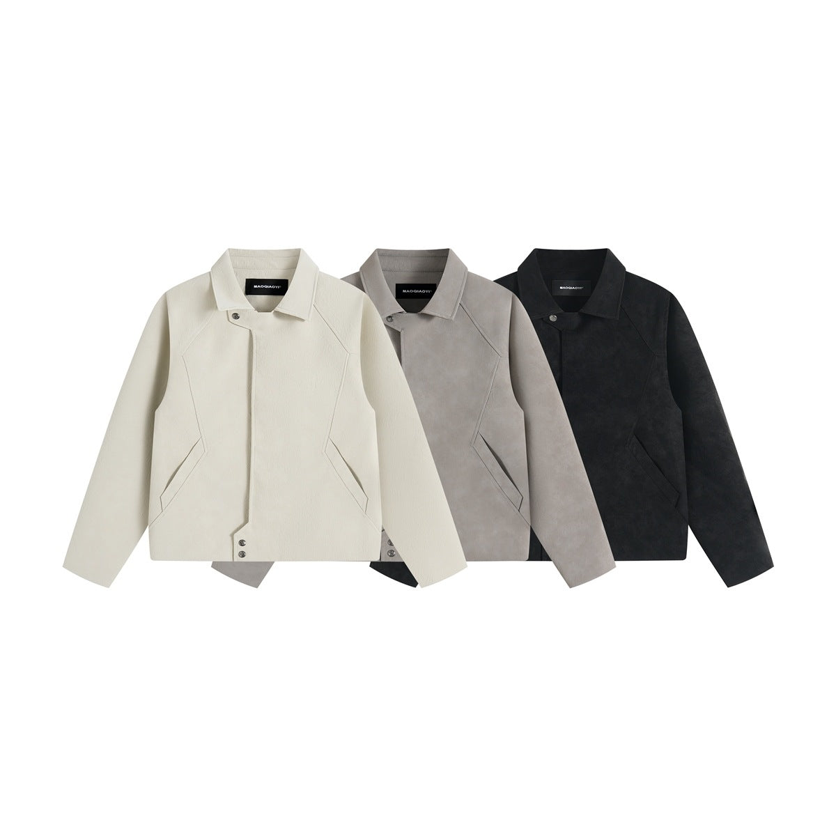 Three front-view jackets with pointed collars and long sleeves in ivory, taupe-gray, and black.