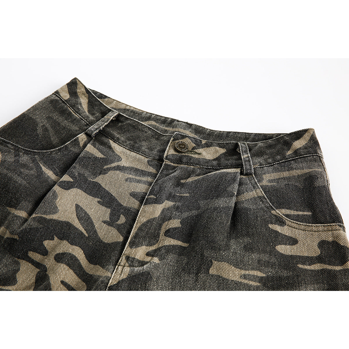Close-up of the front waistband and pocket of dark gray and tan camouflage shorts.