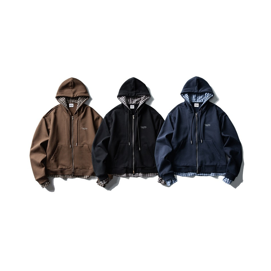 Three zip-up hoodies displayed side by side in brown, black, and navy, each with plaid lining.