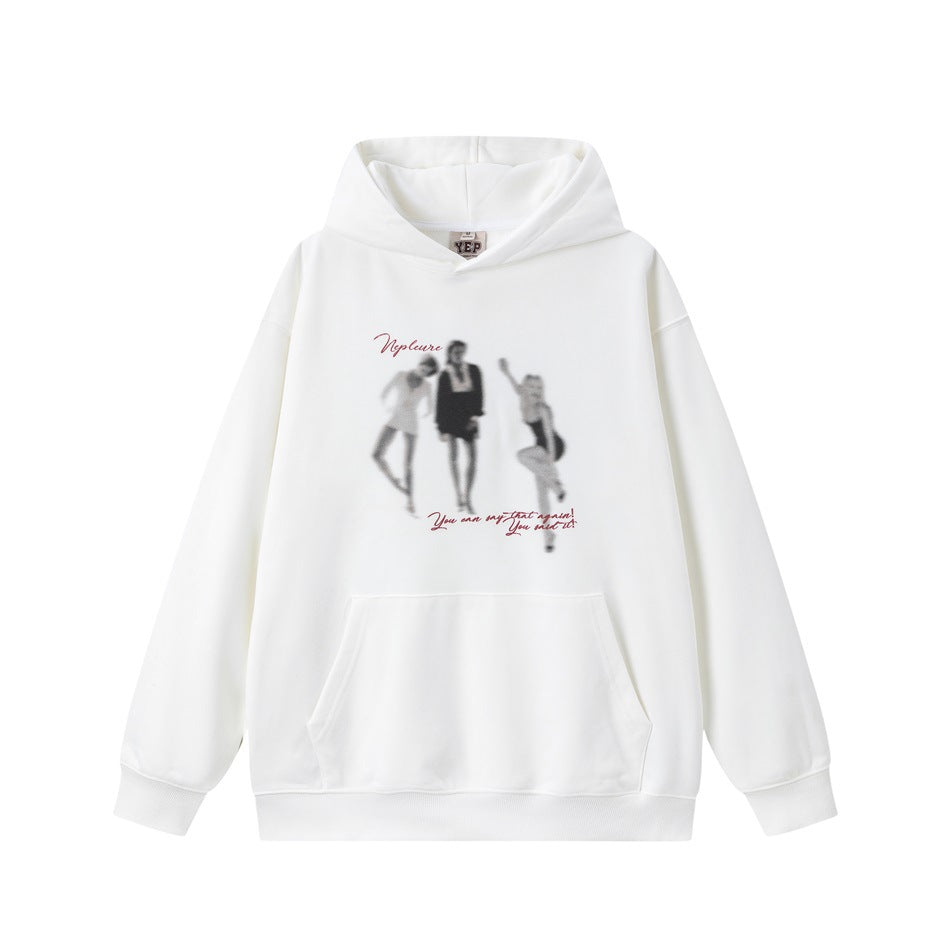 White pullover hoodie with front pocket and a blurred three-figure graphic with burgundy script text