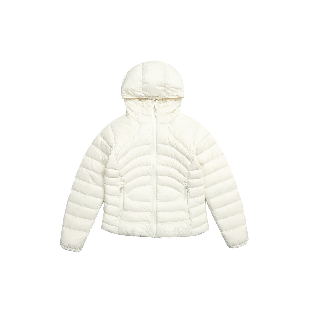 White hooded quilted puffer jacket with center zipper and zip pockets, flat lay front view