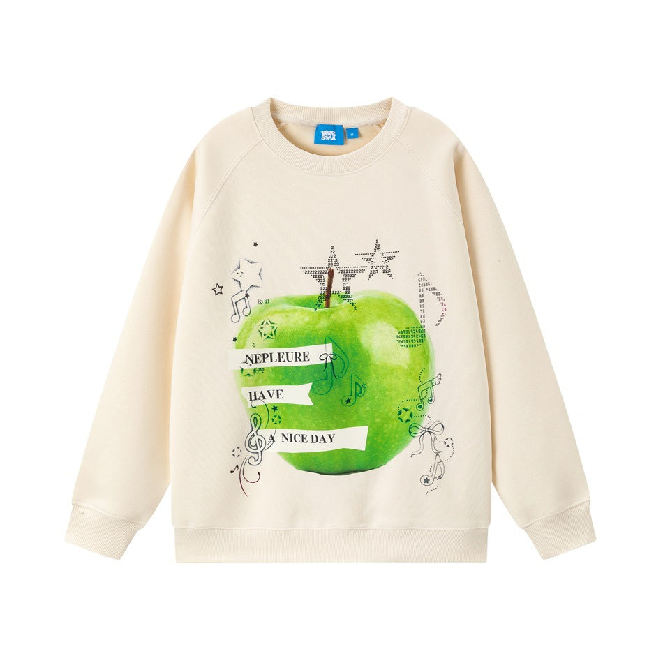 Khaki apricot crewneck sweatshirt with large green apple graphic and ribbon text on the chest, flat lay front view