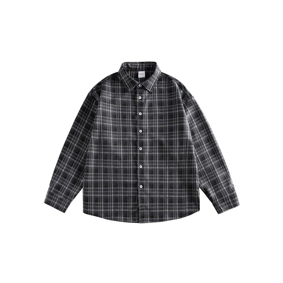Dark gray and white plaid long-sleeve button-up shirt laid flat, front view with point collar