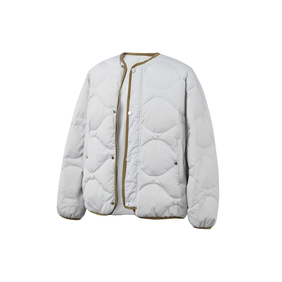 Front view of a light gray quilted jacket with a round neck, snap front, and olive-brown trim.