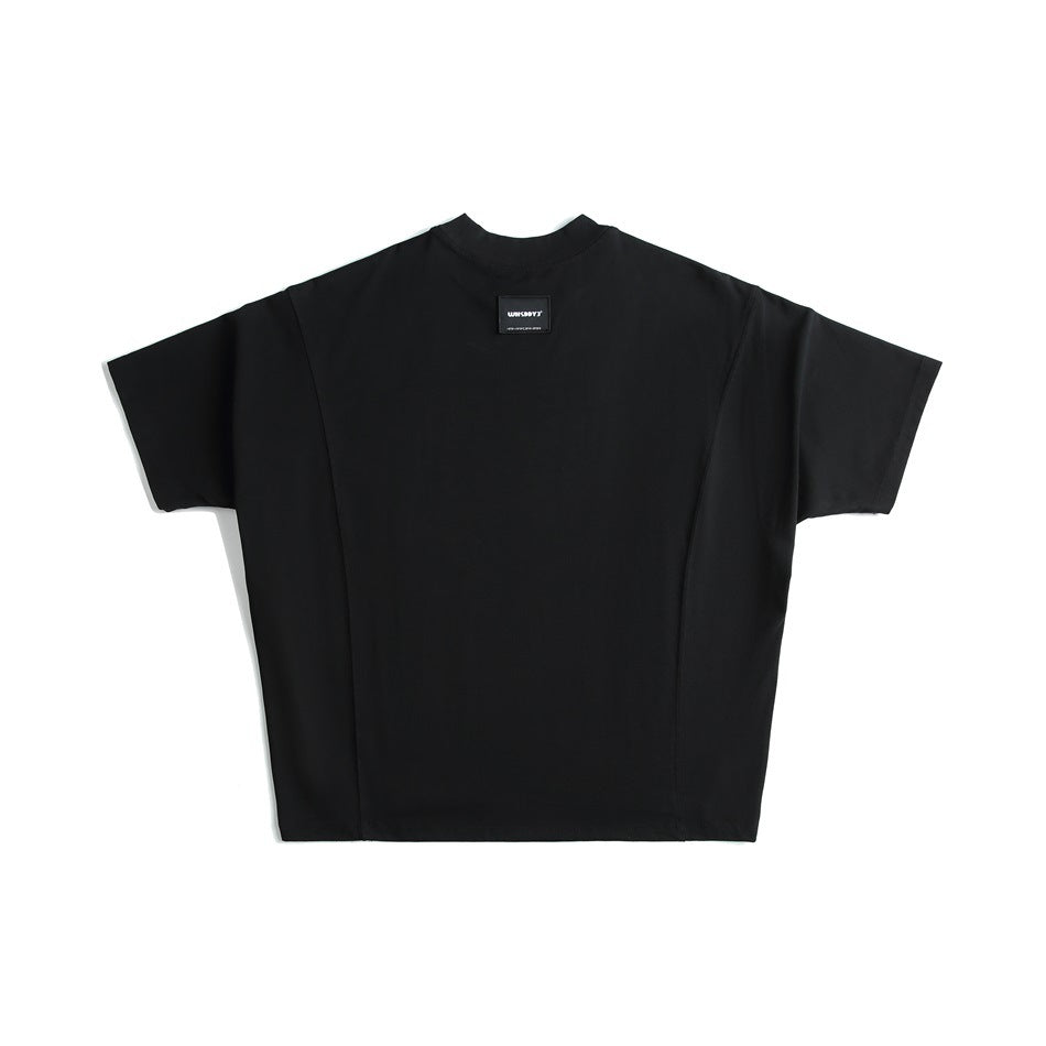 Black short-sleeve T-shirt back view with curved panel seams, high ribbed neck and small black label