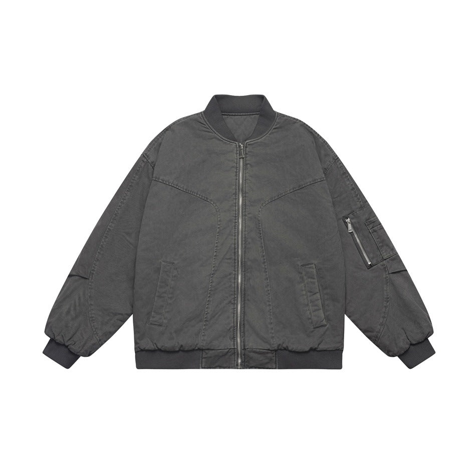 Dark gray washed bomber-style zip jacket with ribbed collar, cuffs and hem, front welt pockets and sleeve zip pocket
