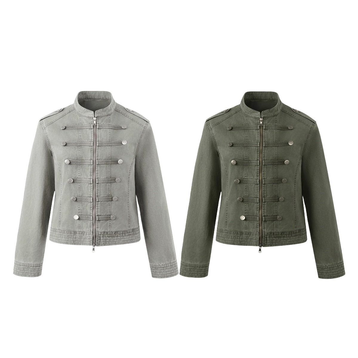 Two front views of a cropped military-style jacket, shown in light gray and olive, with button tabs and front zippers.
