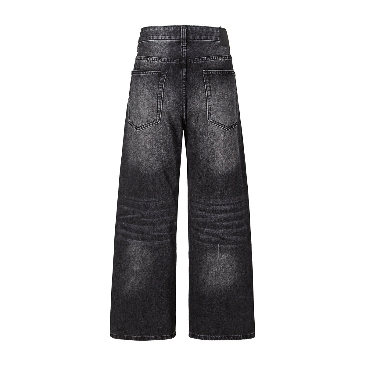 Back view of washed black wide-leg jeans with two rear pockets and a plain dark waistband patch.
