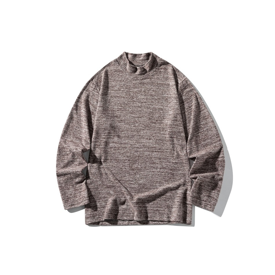 Brown marled mock neck long-sleeve top laid flat on a white background