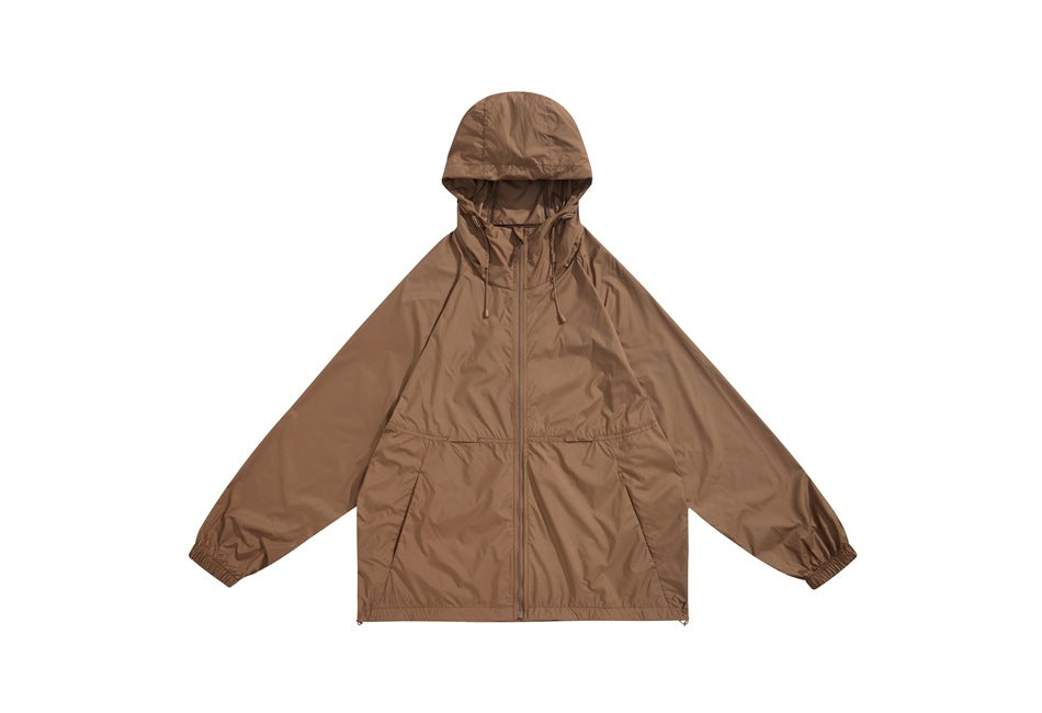 Brown hooded zip-up lightweight jacket flat lay, front view with drawcord hood and slanted front pockets