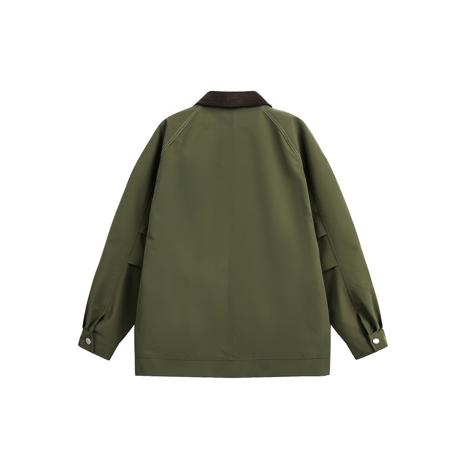 Back view of an olive jacket with a dark brown collar, long sleeves, and buttoned cuffs.