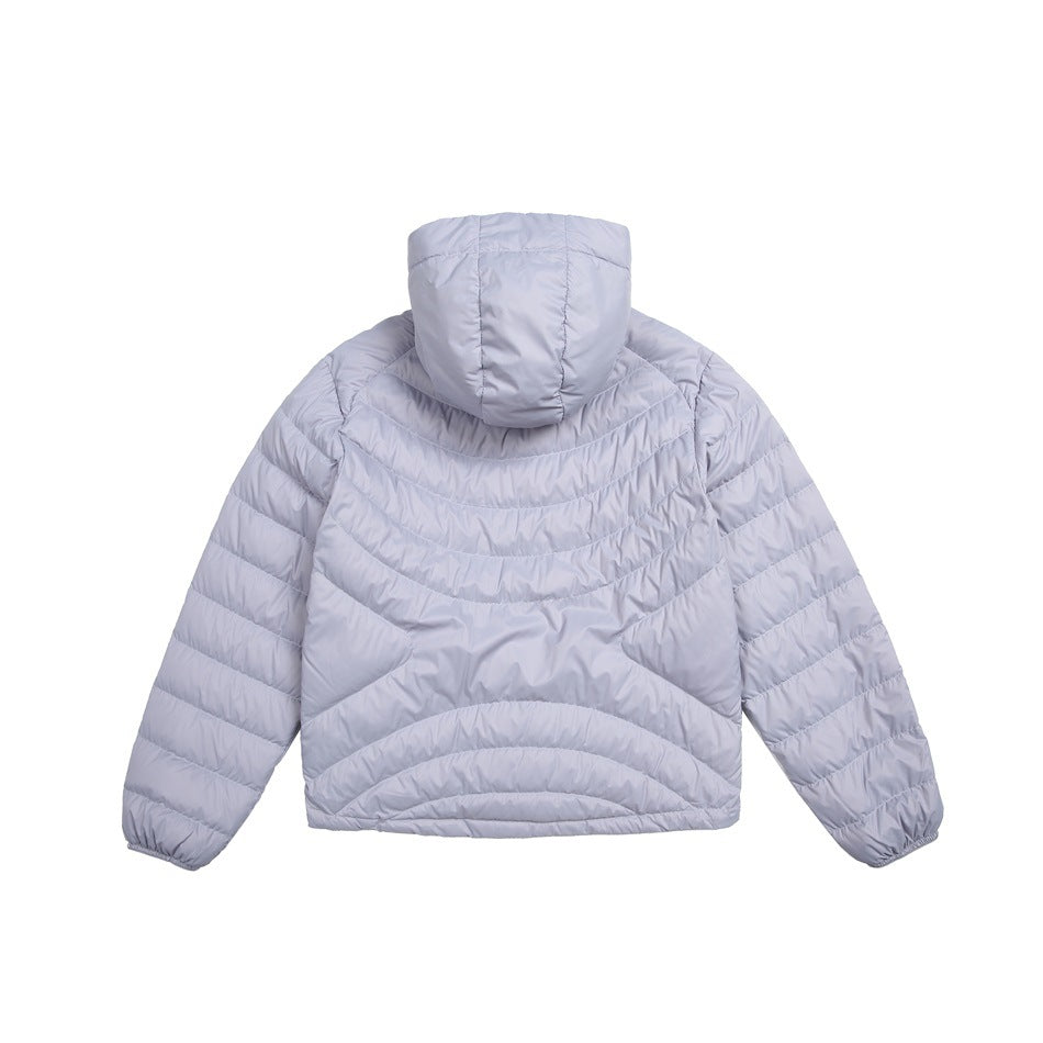 Back view of a pale lavender quilted hooded jacket with curved quilting and long sleeves.