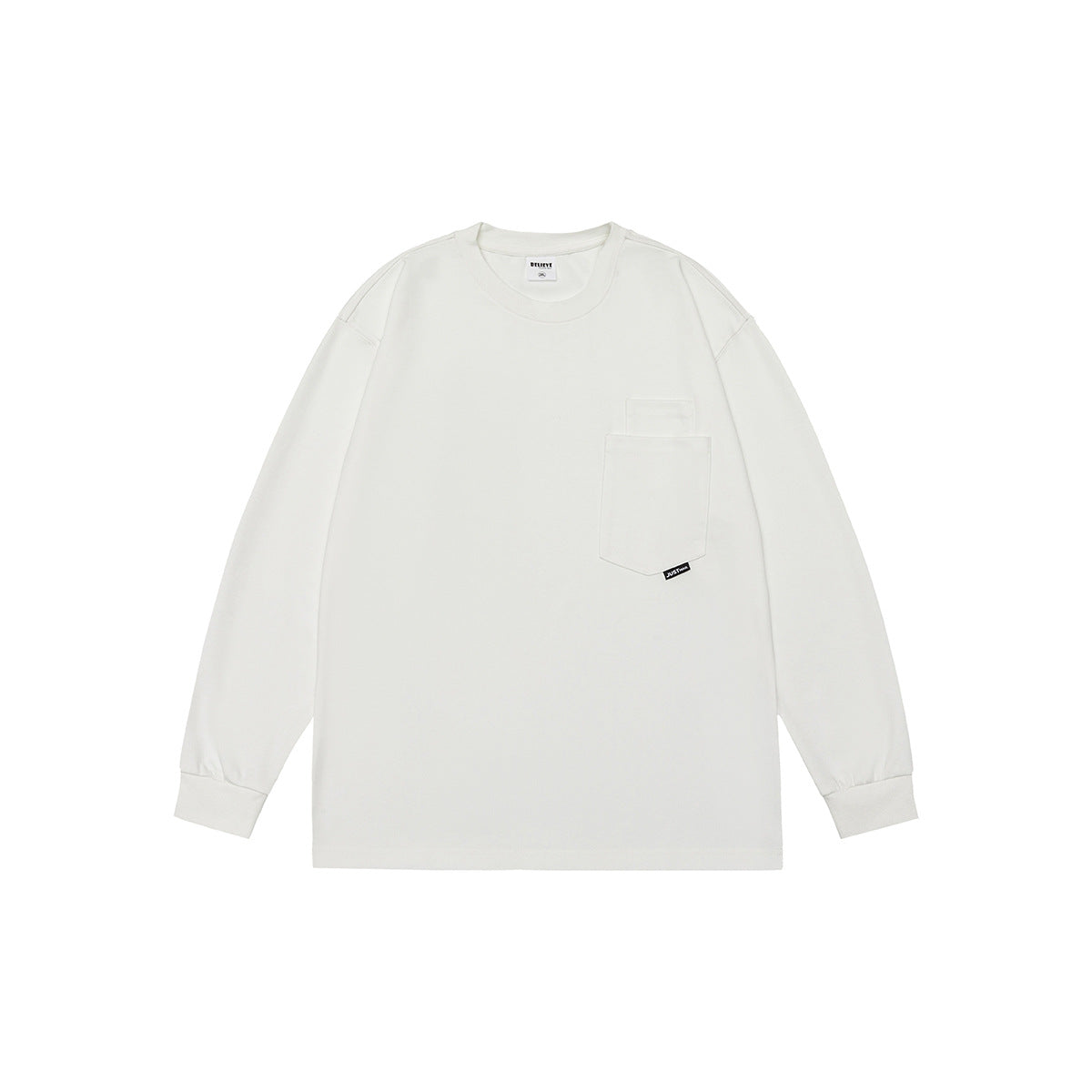 White long-sleeve crew-neck top flat lay with ribbed cuffs and a layered chest pocket