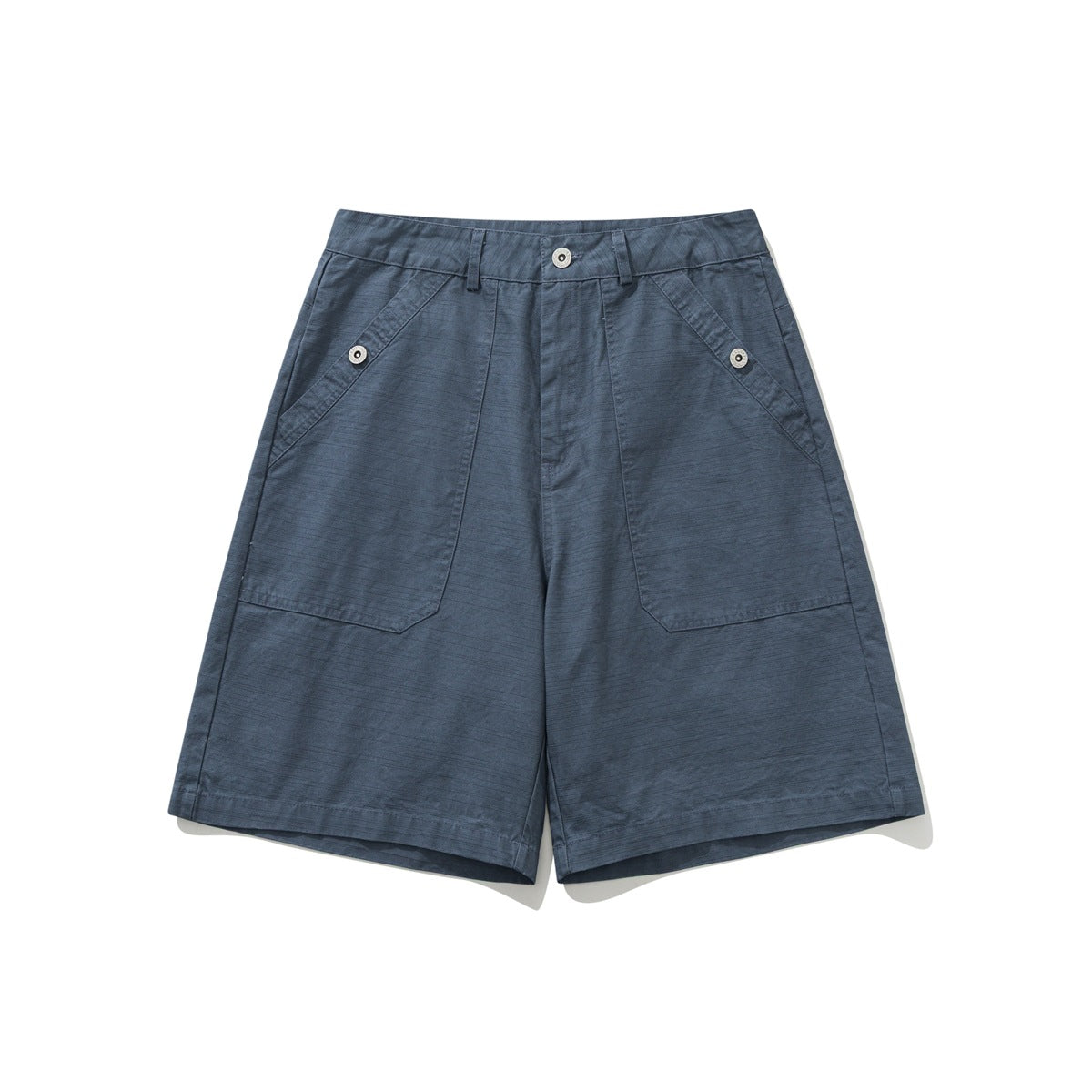 Blue knee-length utility shorts, flat front view with textured fabric and front patch pockets