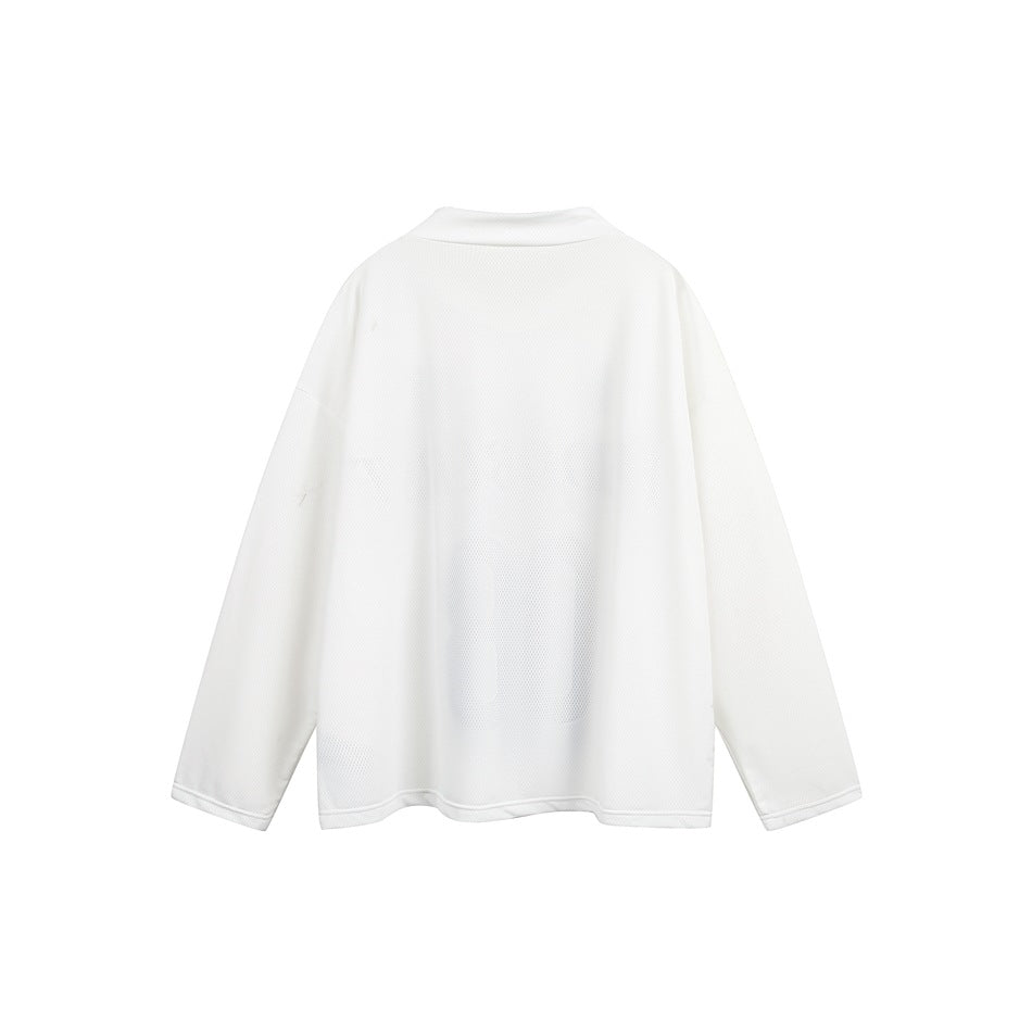 Plain white long-sleeve jersey shown from the back, with a short stand collar and straight hem.