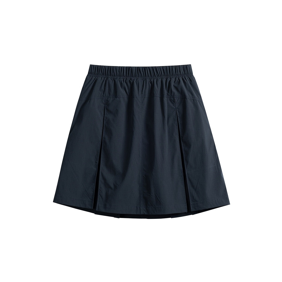 Back view of a dark navy skirt with an elastic waistband and overlapping pleated panels.