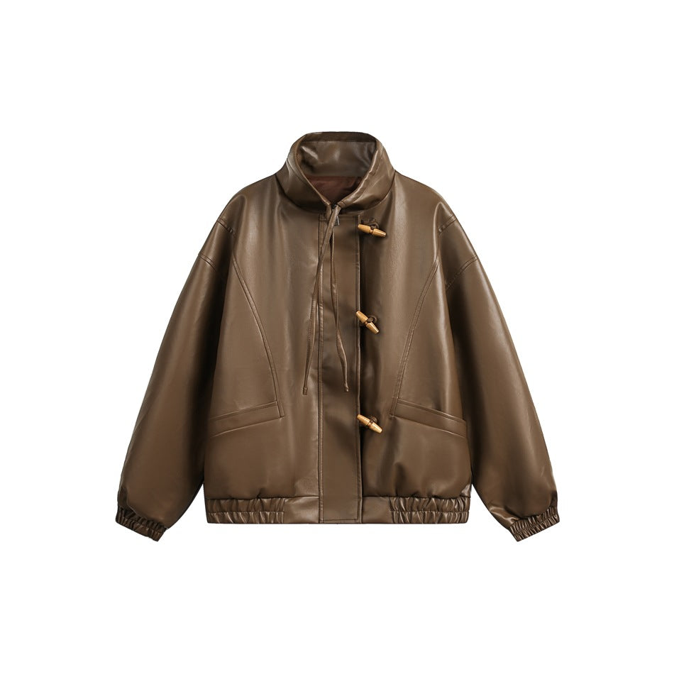 Brown faux-leather jacket with stand collar, wooden toggle closures, front pockets and elastic cuffs and hem
