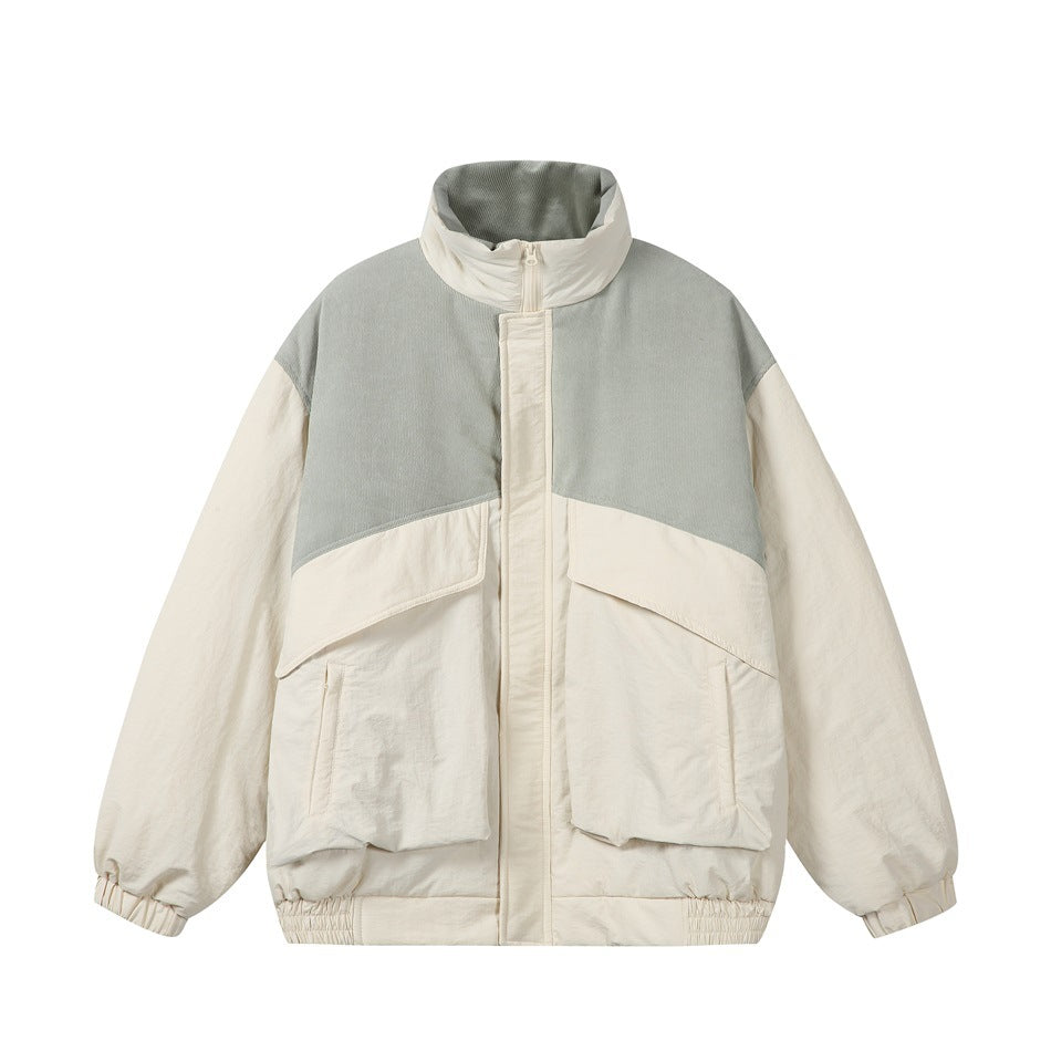 Beige padded stand-collar jacket with sage-green textured upper panel, front zip and large flap pockets, front view
