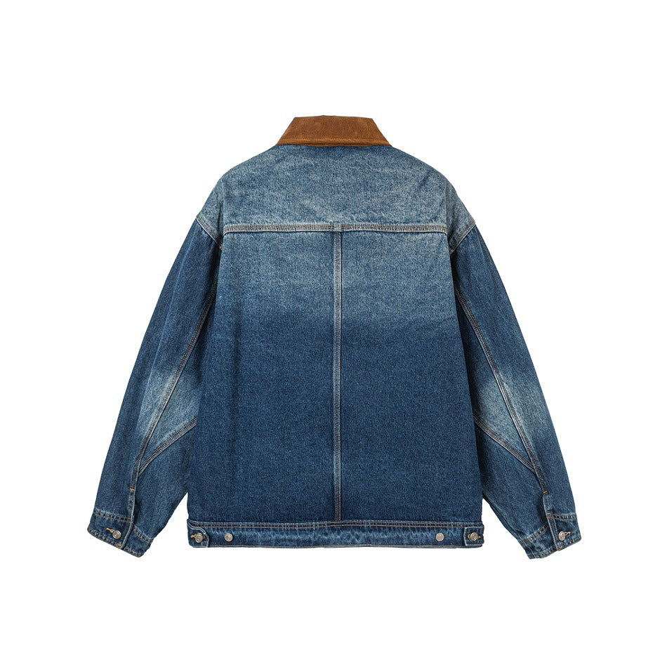Back view of a dark-wash denim jacket with a brown collar, center seam and button-tab hem.