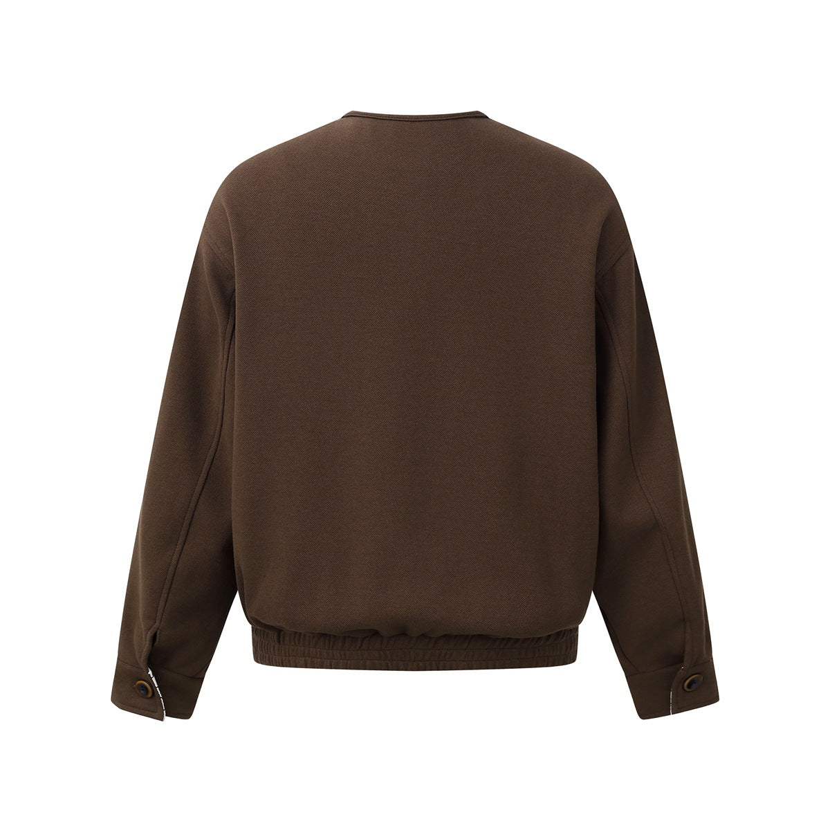 Back view of a dark brown jacket with long sleeves, buttoned cuffs, and an elasticized hem.
