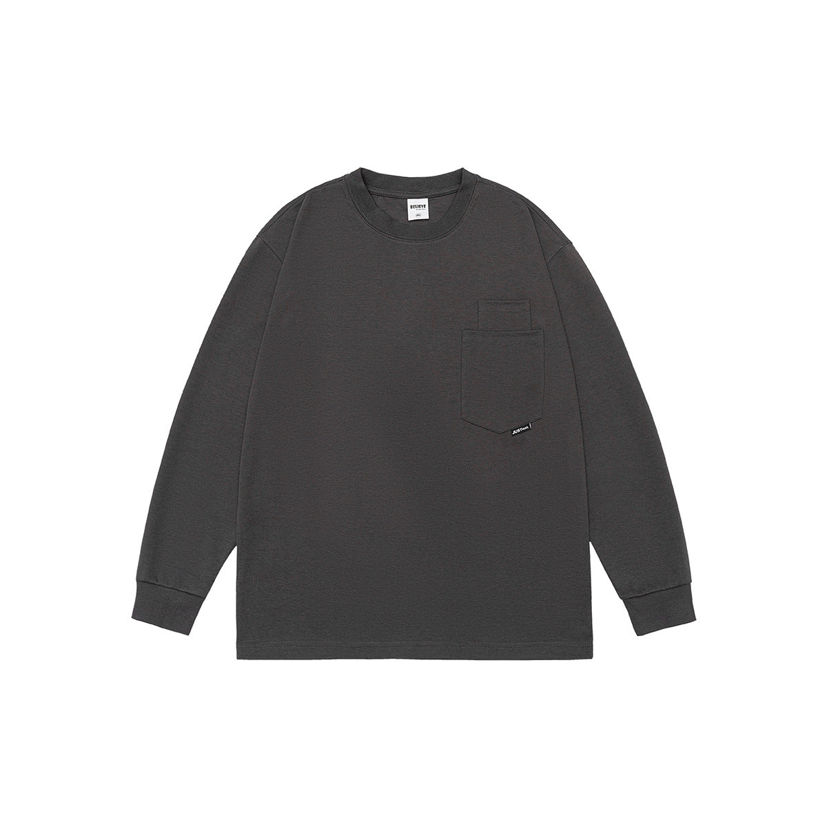 Dark gray long-sleeve crew-neck top flat lay with a chest pocket and small black pocket label