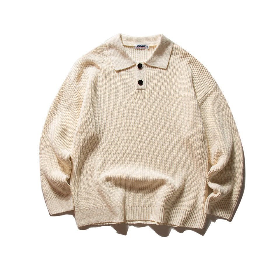 Apricot ribbed knit polo-collar sweater with two buttons, flat lay front view