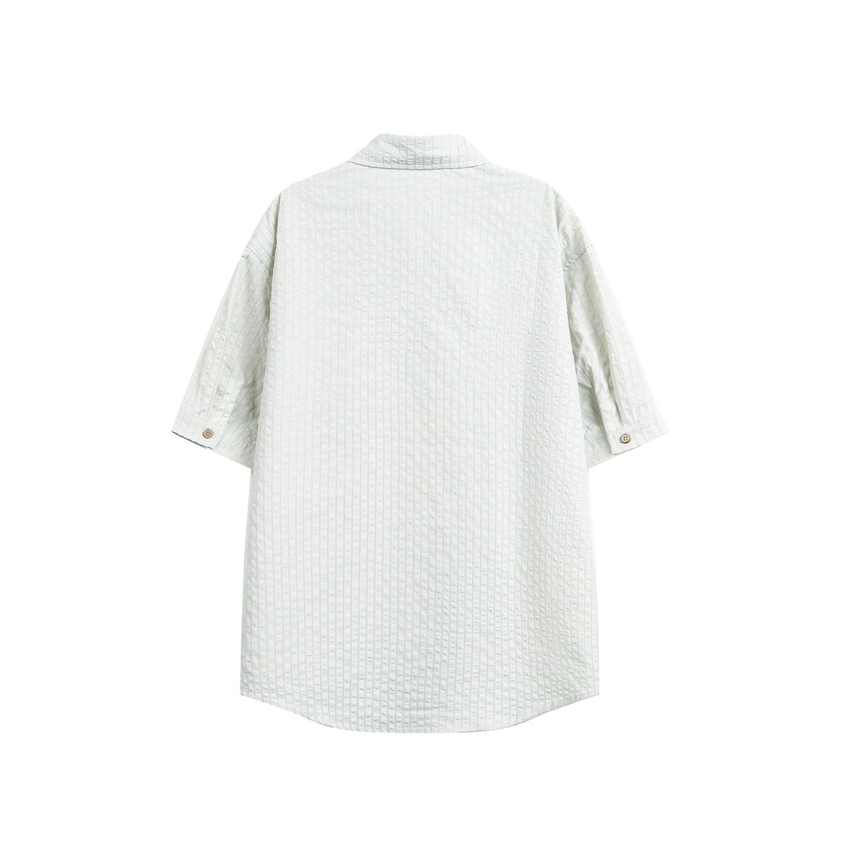 Back view of pale gray short-sleeve shirt with textured vertical stripes and button tabs on the sleeves