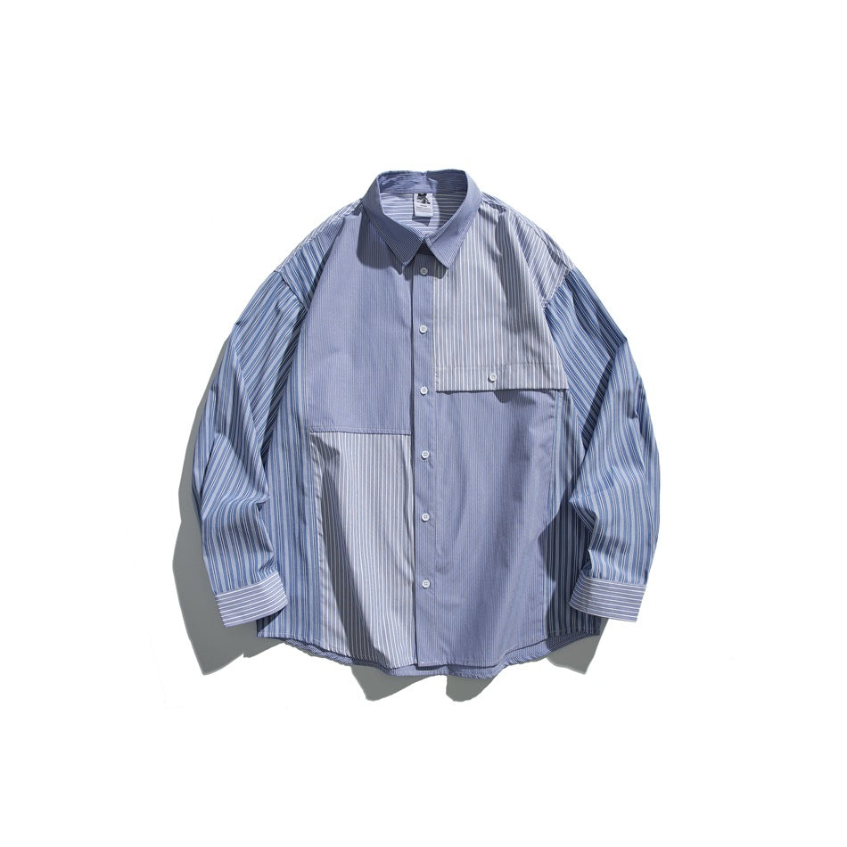 Blue and white striped patchwork button-up shirt laid flat, front view with chest flap pocket and collar