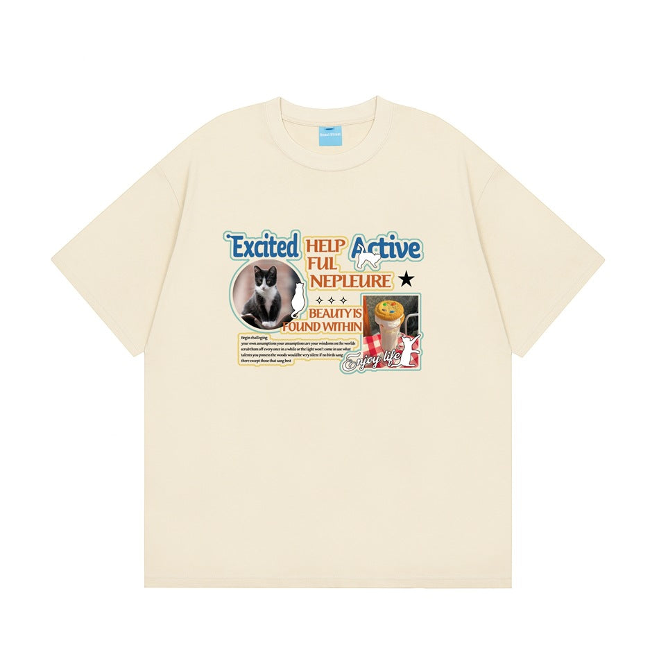 Apricot cream short-sleeve crew-neck T-shirt with cat and milkshake photo graphic on the chest