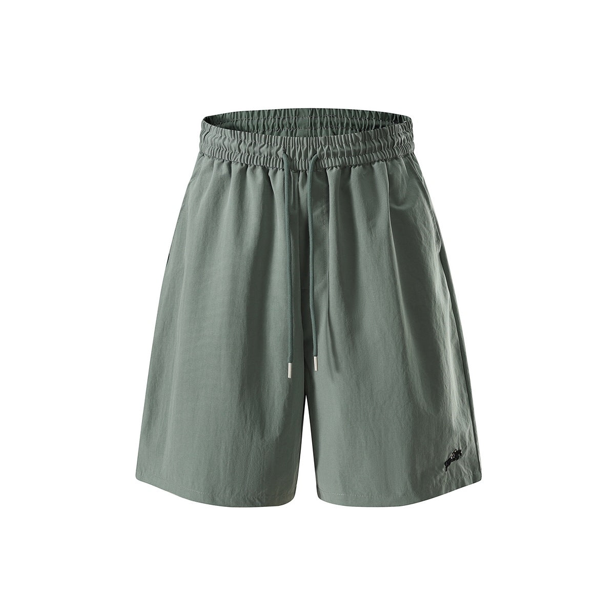 Green wide-leg drawstring shorts with elastic waistband and small embroidered motif, front view