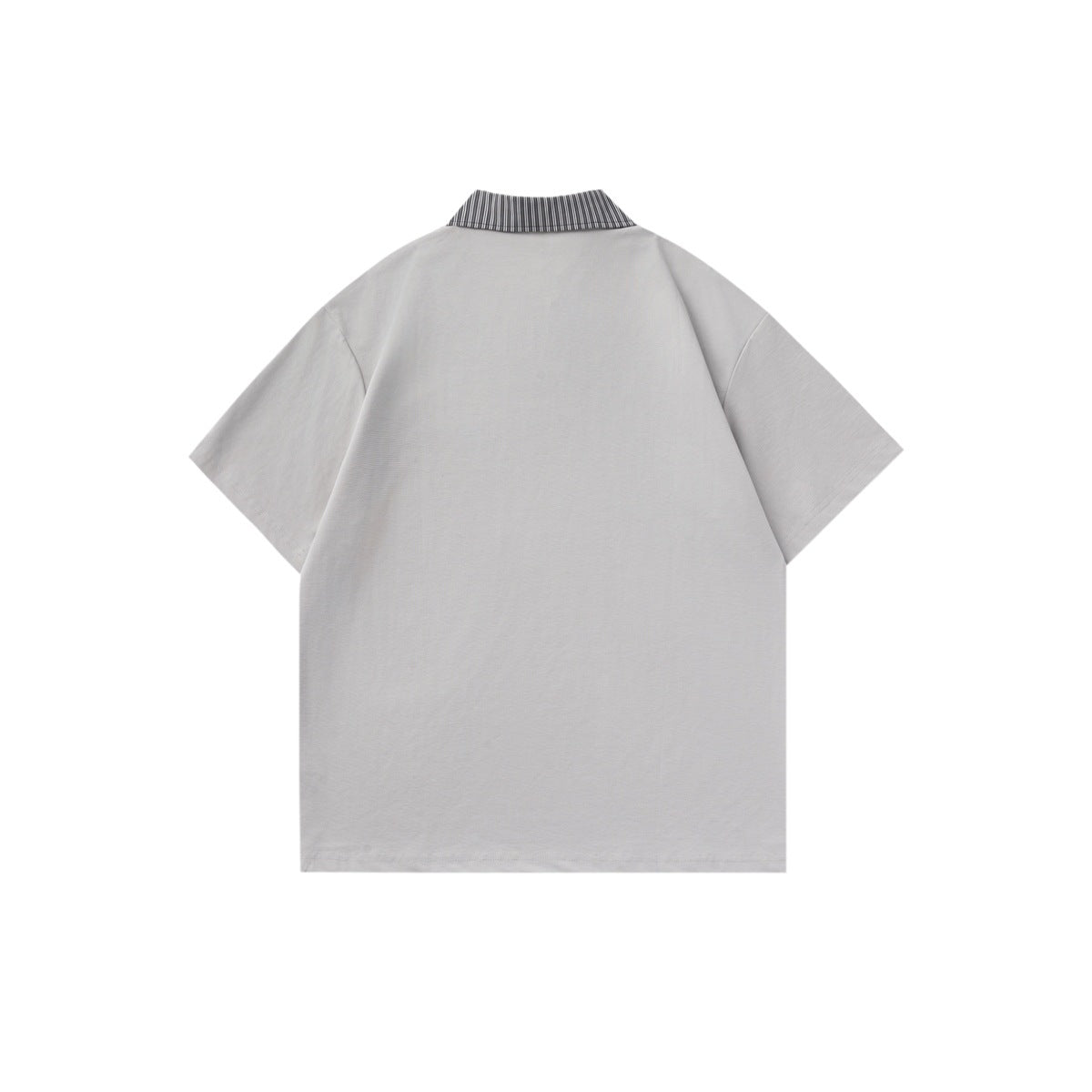 Back view of a light gray short-sleeve shirt with a black-and-white striped collar.