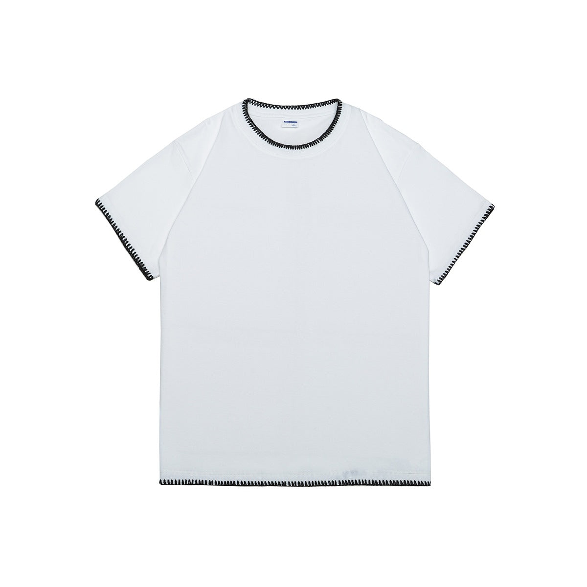 White crew-neck short-sleeve T-shirt with black contrast stitching at neckline, sleeves and hem, flat front view