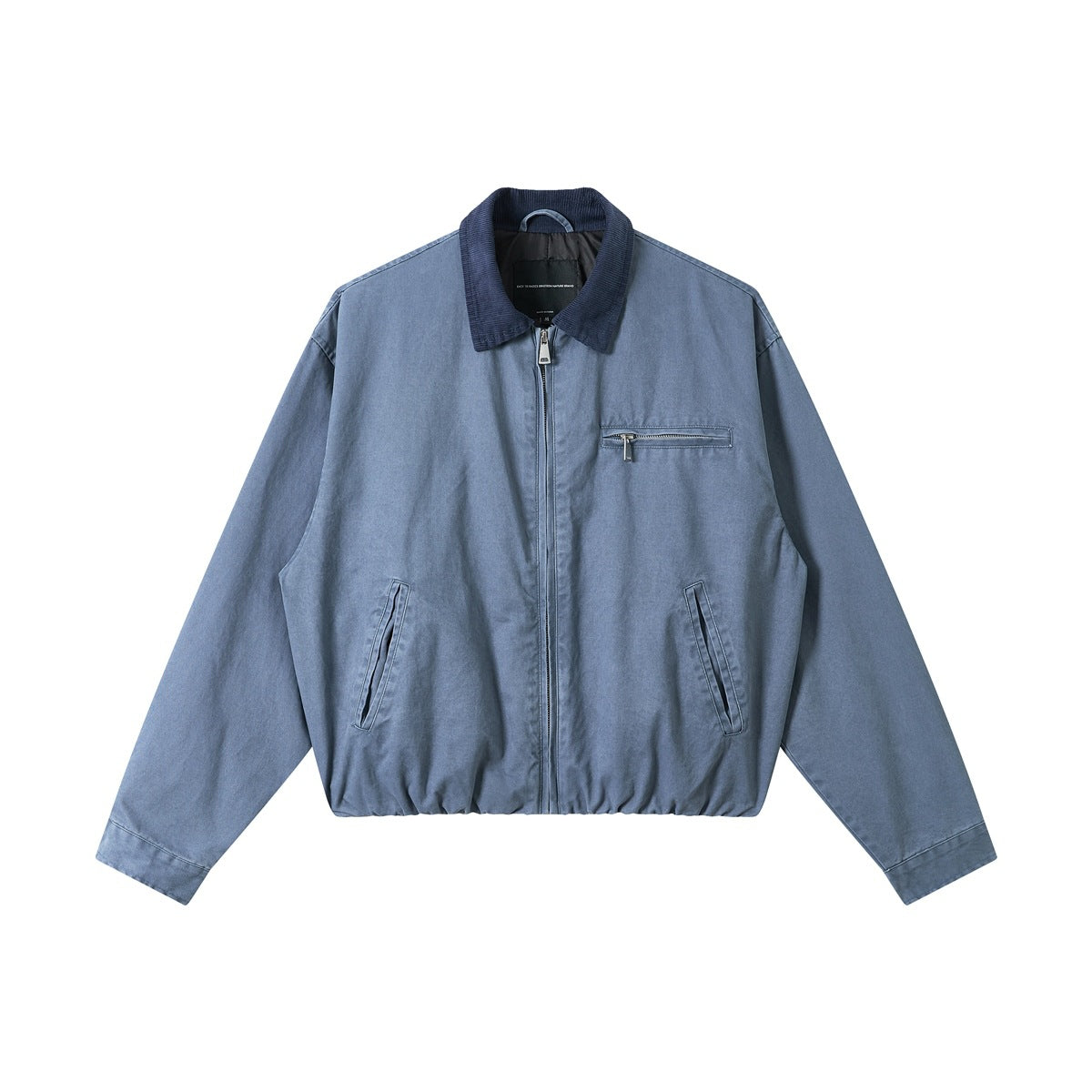 Blue washed zip-front jacket with navy corduroy-style collar, chest zip pocket and gathered hem, flat front view