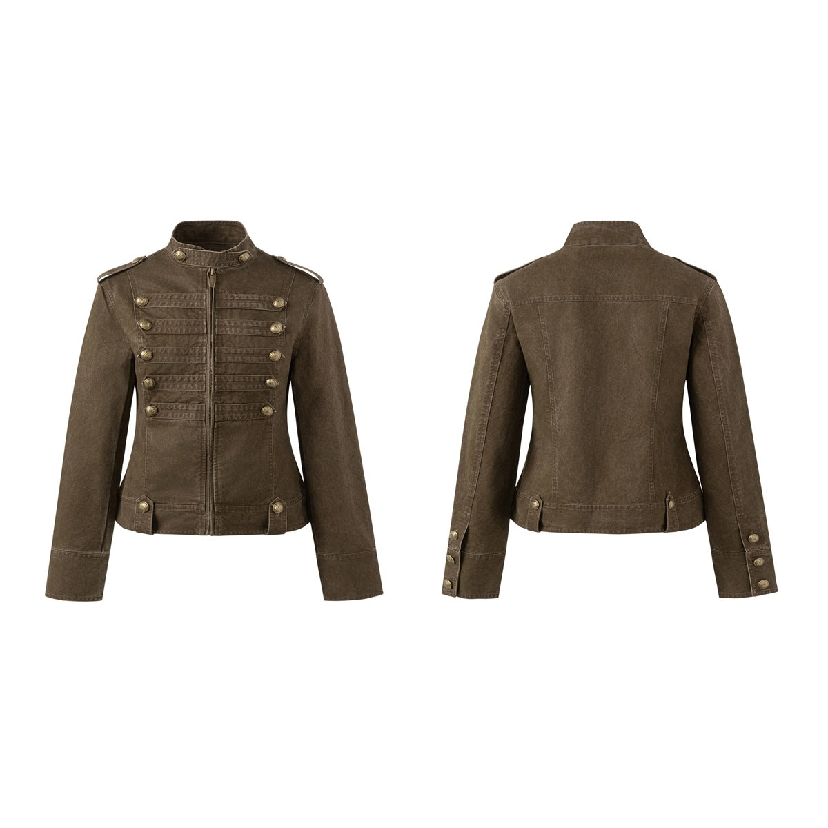 Olive-brown jacket shown from the front and back, with a stand collar, decorative brass buttons, and long sleeves.