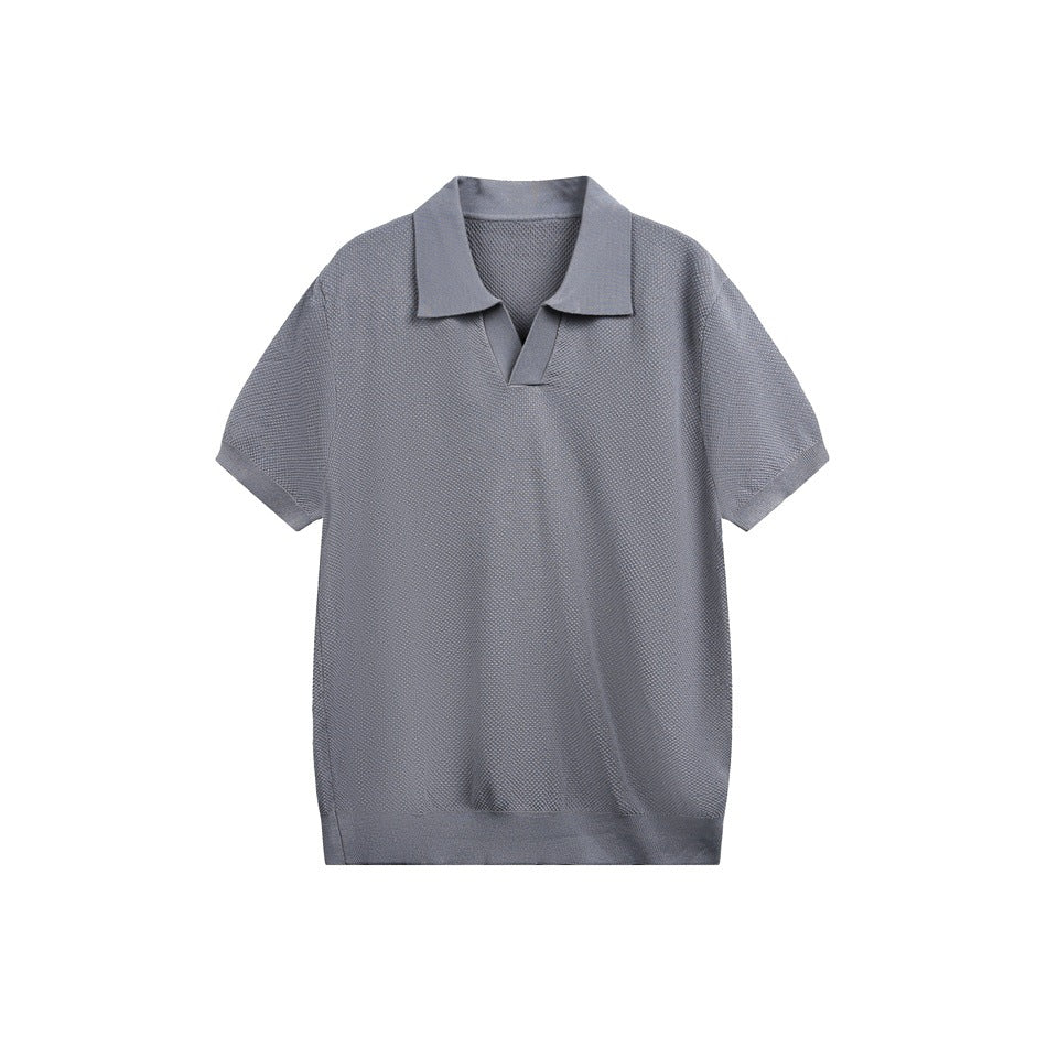 Gray textured knit short-sleeve polo shirt with open V placket and ribbed hem, flat front view
