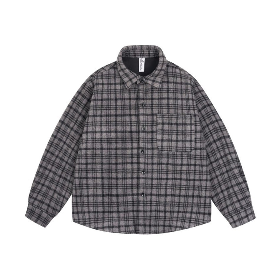 Gray and black plaid button-front long-sleeve shirt with chest pocket, flat lay front view